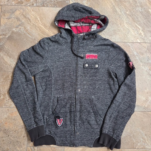 Volcom Zip Up Hoodie Mens L Heather Gray Pink Plaid Patches Accents - Picture 1 of 7